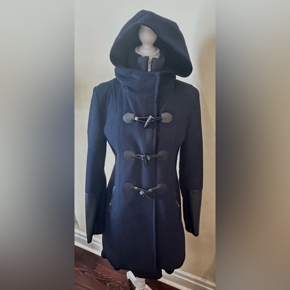 BCBG MaxAzria Samantha Wool Hooded Duffle Toggle Coat Navy Blue Women Sz M - Picture 5 of 11